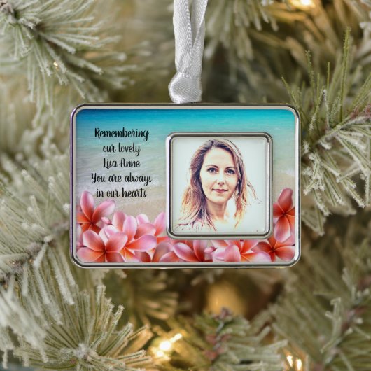 Foto Herinnering Strand Plumeria Tropisch Verzilverd Omlijst Ornament (Boom)