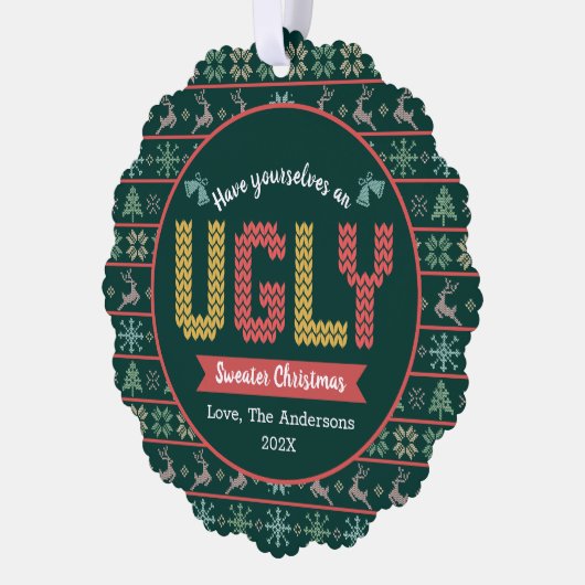 Foto Hete Sweater Kerstmis Nordic Groen Feestdag Ornament Kaart (Links)