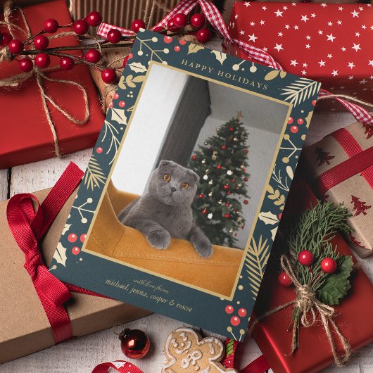 FOTO HOLIDAY | Gouden kerst Holly & Berries Feestdagenkaart