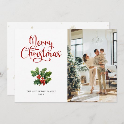 Foto Holly Berries Script Merry Christmas Kaart (Voorkant / Achterkant)