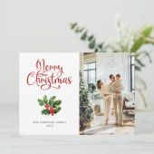 Foto Holly Berries Script Merry Christmas Kaart (Staand voorkant)