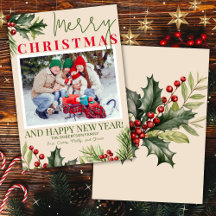 Foto Holly Pine Red Berries Beige Kerst Kaart
