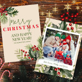 Foto Holly Pine Red Berries Beige Kerst Kaart