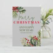 Foto Holly Pine Red Berries Grijs Kerst Kaart (Staand voorkant)