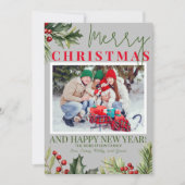 Foto Holly Pine Red Berries Grijs Kerst Kaart (Voorkant)