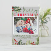 Foto Holly Pine Red Berries Grijs Kerst Kaart (Staand voorkant)
