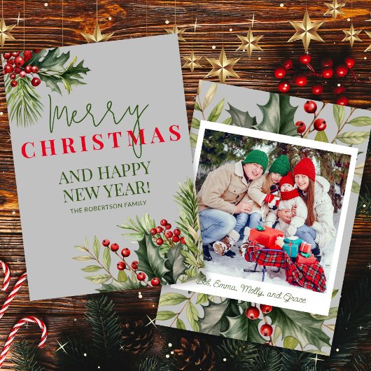 Foto Holly Pine Red Berries Grijs Kerst Kaart