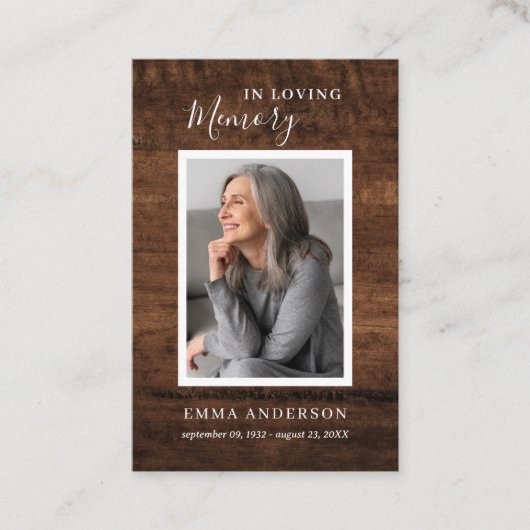 Foto-houten rouwkaart 'Ter liefdevolle herinnering Visitekaartje (Voorkant)