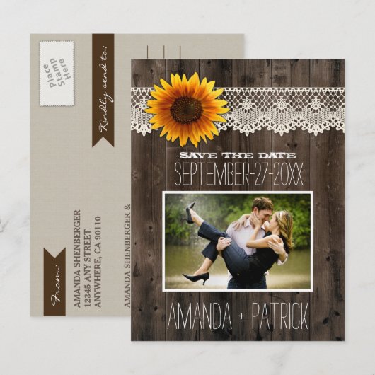 Foto Houten Zonnebloem Bruiloft Save The Date Kaar Aankondigingskaart (Voorkant / Achterkant)