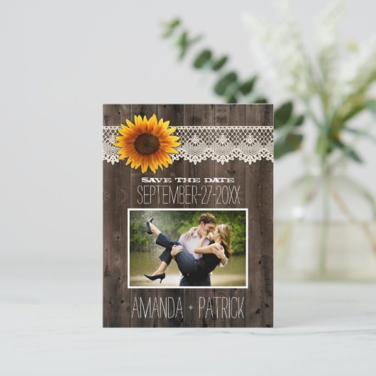 Foto Houten Zonnebloem Bruiloft Save The Date Kaar Aankondigingskaart (Staand voorkant)