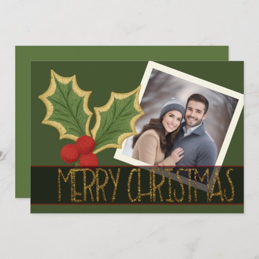 Foto Hulstbes Borduurwerk Kerstlint Feestdagenkaart (Voorkant / Achterkant)