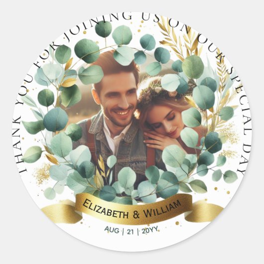 FOTO Huwelijk Bedankt Eucalyptus Bladeren Favor  Ronde Sticker (Voorkant)