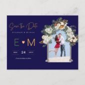 Foto Huwelijk Save the Date Navy Terracotta Bloeme Briefkaart (Voorkant)