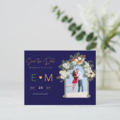 Foto Huwelijk Save the Date Navy Terracotta Bloeme Briefkaart (Staand voorkant)