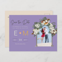 Foto Huwelijk Save the Date Paars Goud Bloemen Briefkaart