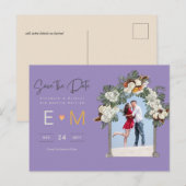 Foto Huwelijk Save the Date Paars Goud Bloemen Briefkaart (Voorkant / Achterkant)