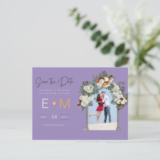 Foto Huwelijk Save the Date Paars Goud Bloemen Briefkaart (Staand voorkant)