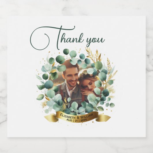 FOTO Huwelijks Dank Je Eucalyptus Bladeren Cadeau Likeurfles Etiket (Enkel label)