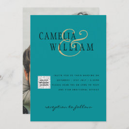 Foto Huwelijksuitnodiging QRCode RSVP Zeeglas Teal Kaart