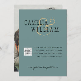 Foto Huwelijksuitnodiging QRCode RSVP Zeeglas Teal Kaart