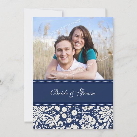 Foto Huwelijksuitnodigingen Blue Cream Damask Kaart (Voorkant)