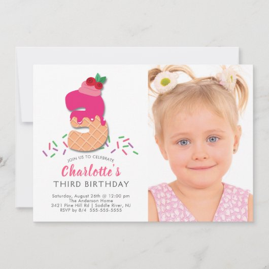 Foto Ice Cream 3rd Verjaardag Uitnodiging (Voorkant)