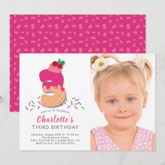 Foto Ice Cream 3rd Verjaardag Uitnodiging (Voorkant / Achterkant)