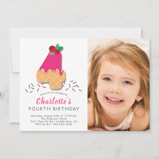 Foto Ice Cream 4TH Birthday Invitation Kaart (Voorkant)