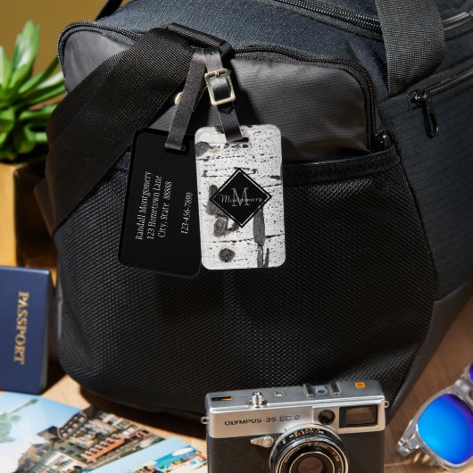 Foto initiaal Letter Monogram Aspen Bark Bagagelabel (Voorkant /achterkant)