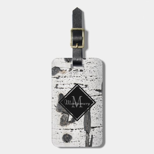 Foto initiaal Letter Monogram Aspen Bark Bagagelabel (Voorkant verticaal)