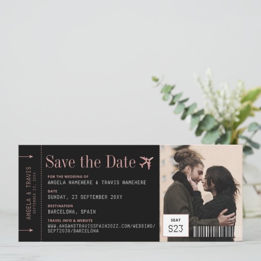 Foto instapend Pass Ticket Pink Save the Date (Staand voorkant)