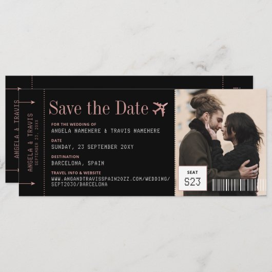 Foto instapend Pass Ticket Pink Save the Date (Voorkant / Achterkant)