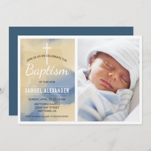Foto Jongen Baptism, Waterverf Blue Invitation Kaart (Voorkant / Achterkant)