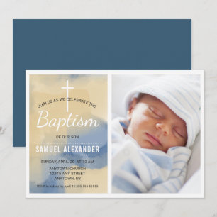 Foto Jongen Baptism, Waterverf Blue Invitation Kaart