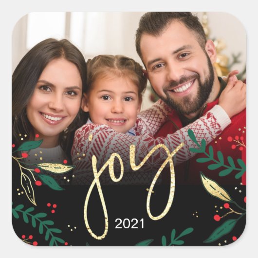Foto: Joy Black Red Green Greenery Kerstmis Vierkante Sticker (Voorkant)