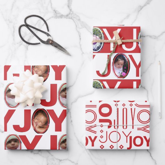 Foto JOY Red en White Modern Birthday kerst Inpakpapier Vel (Voorkant)