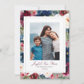 Foto Joyful New Year Burgundy and Navy Floral Feestdagenkaart (Voorkant)