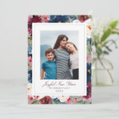 Foto Joyful New Year Burgundy and Navy Floral Feestdagenkaart (Staand voorkant)