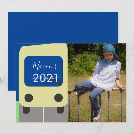 Foto kaart eerste schooldag bus gele script (Voorkant / Achterkant)