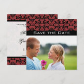 Foto Kersen & Zwarte Damast Trouw "Save the Date" Kaart (Voorkant / Achterkant)