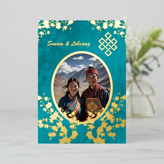 Foto Kersenbloesem Tibetaanse bruiloft Folie Uitnodiging (Staand Voorkant)