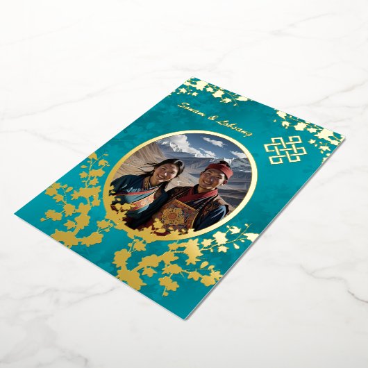 Foto Kersenbloesem Tibetaanse bruiloft Folie Uitnodiging (Gedraaid)