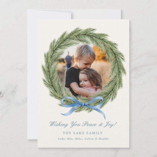 Foto Kerst Kaarten Waterverf Krans Blue Bow (Voorkant)