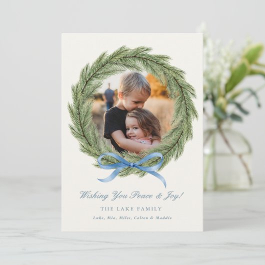 Foto Kerst Kaarten Waterverf Krans Blue Bow (Staand voorkant)