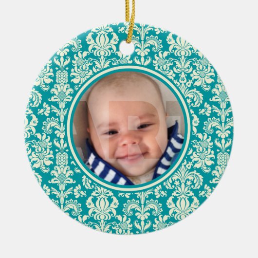 Foto Kerst Ornament-Blauw & Wit Damasks Keramisch Ornament (Voorkant)