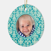Foto Kerst Ornament-Blauw & Wit Damasks Keramisch Ornament (Links)