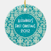 Foto Kerst Ornament-Blauw & Wit Damasks Keramisch Ornament (Achterkant)