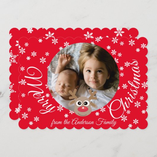 Foto Kerst Rood Schattige rendier Wit Script Feestdagenkaart (Voorkant / Achterkant)