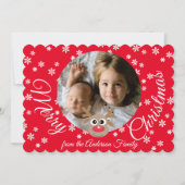 Foto Kerst Rood Schattige rendier Wit Script Feestdagenkaart (Voorkant)