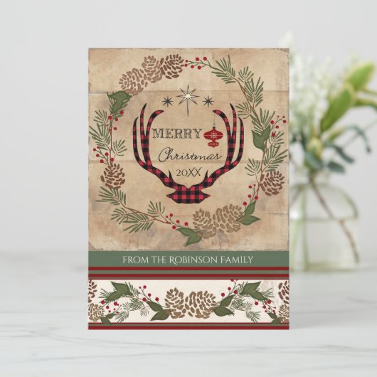 Foto Kerst Rustieke Houten Lodge Hertengewei Feestdagenkaart (Staand voorkant)
